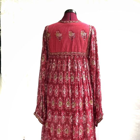 70s Adini Burgundy Boho Maxi Dress | Gold Print Empire Waist Tassel Beads Fall - Picture 10 of 16